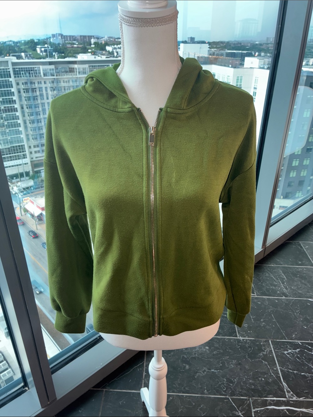 Magaschoni Olive Green Hooded Zip-Up Bomber Jacket